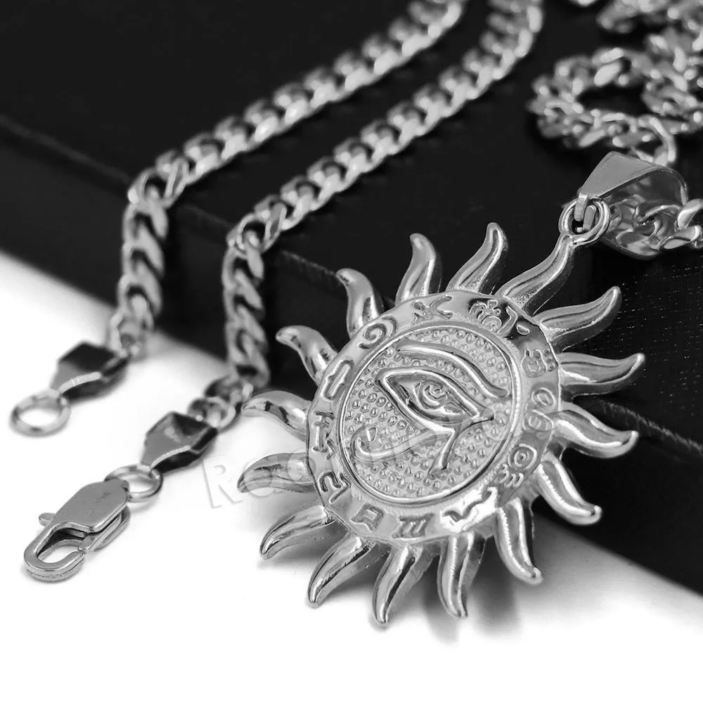 Raonhazae 316L Stainless Steel Round Medallion Eye of Horus All Seeing Eyes Symbol Pendant w/ 4mm Miami Cuban Chain