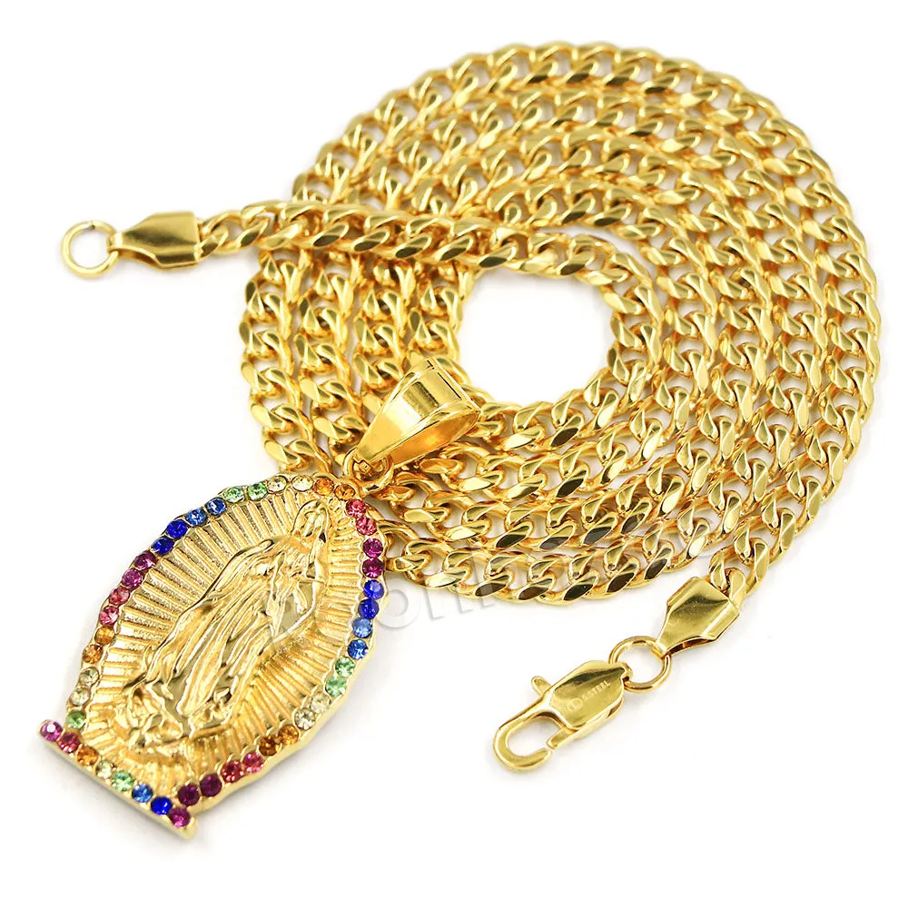 Raonhazae 316L Stainless The Virgin of Guadalupe De Lady of Gudalupe Pendant w/ 4mm Miami Cuban Chain
