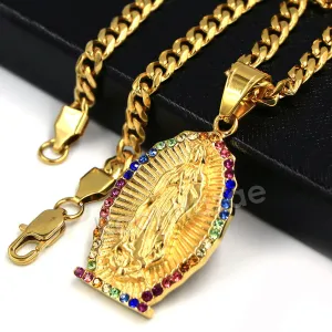 Raonhazae 316L Stainless The Virgin of Guadalupe De Lady of Gudalupe Pendant w/ 4mm Miami Cuban Chain