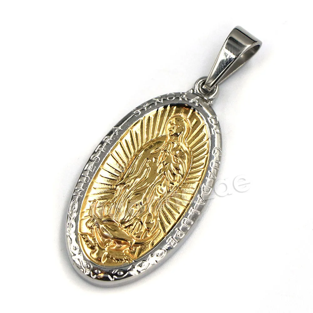 Raonhazae 316L Stainless The Virgin of Guadalupe Oval Medallion De Lady of Gudalupe Pendant w/ 4mm Miami Cuban Chain
