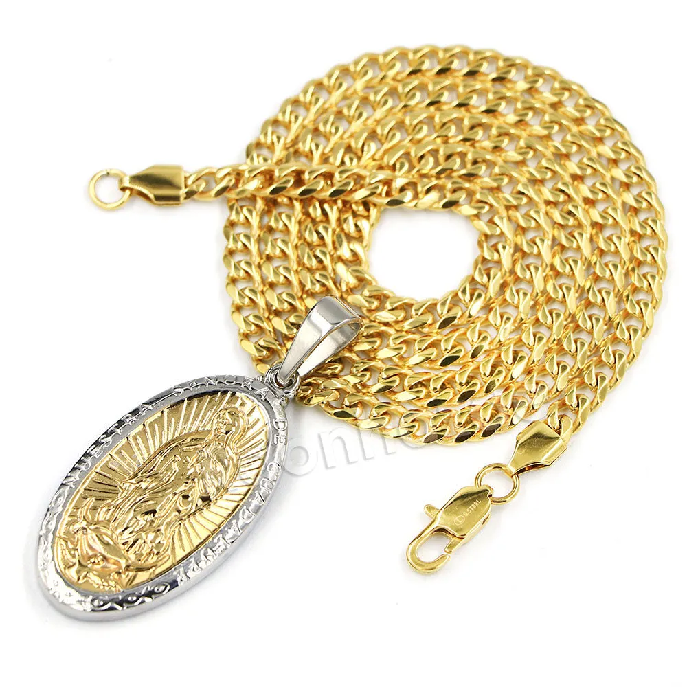 Raonhazae 316L Stainless The Virgin of Guadalupe Oval Medallion De Lady of Gudalupe Pendant w/ 4mm Miami Cuban Chain
