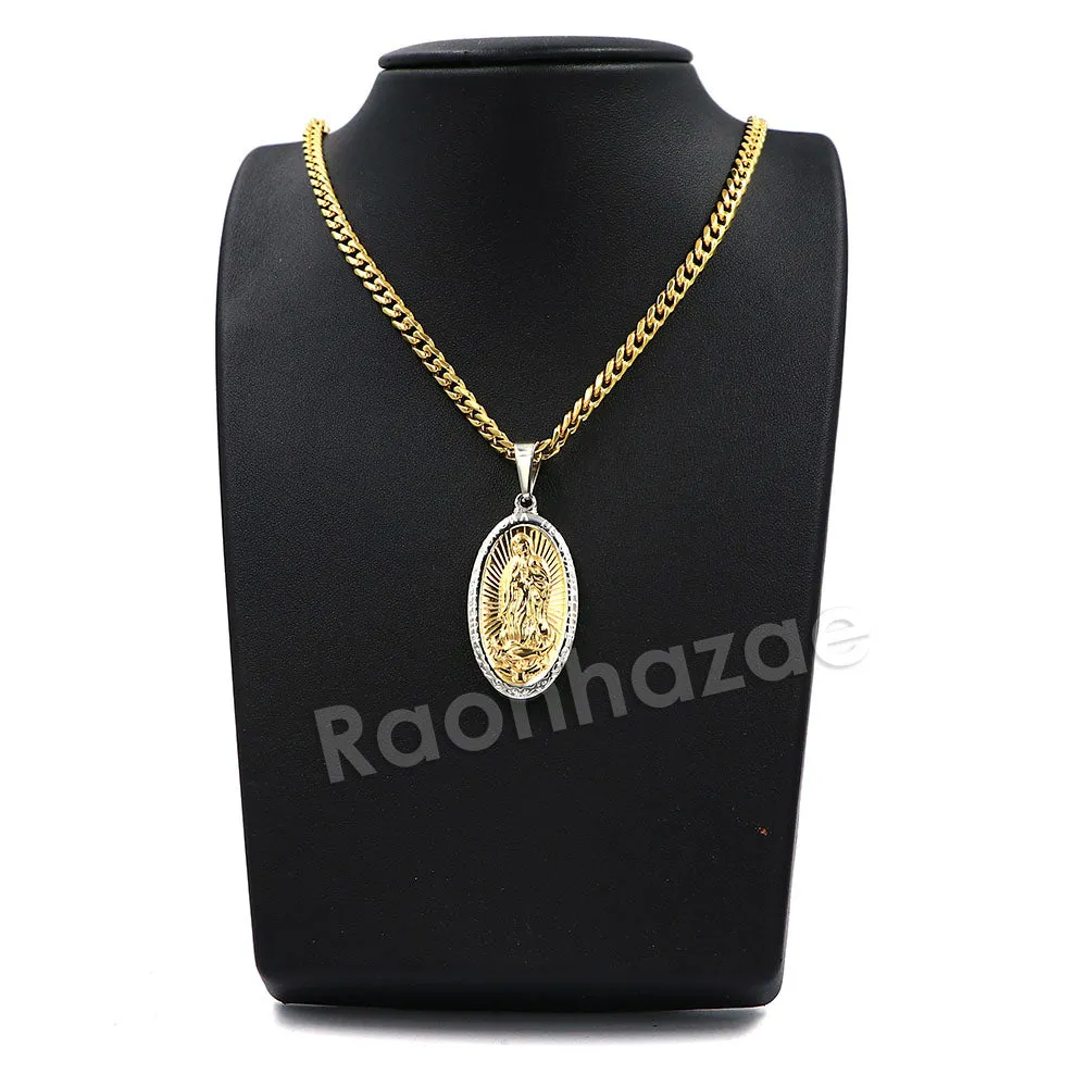 Raonhazae 316L Stainless The Virgin of Guadalupe Oval Medallion De Lady of Gudalupe Pendant w/ 4mm Miami Cuban Chain