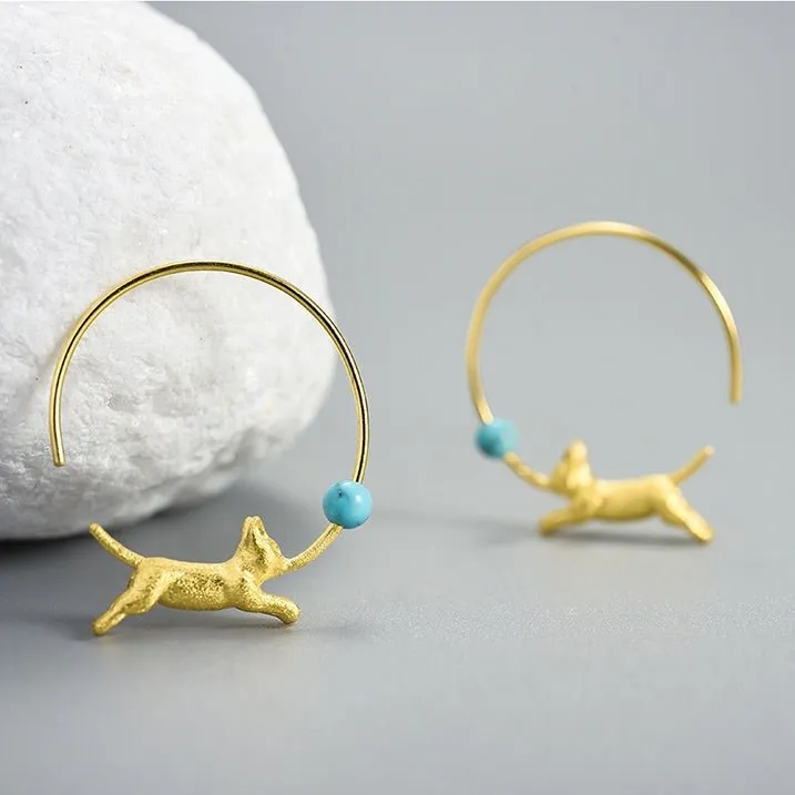 Running Cat with Balloon Round Hoop Earrings