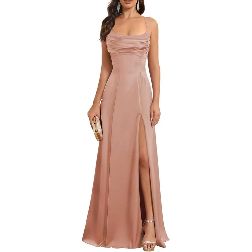 Satin Long Bridesmaid Dresses with Slit Aline Corset Long Prom Dresses