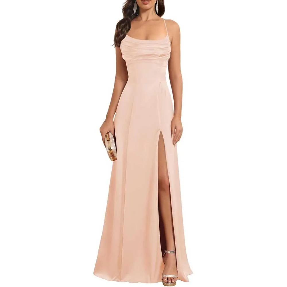Satin Long Bridesmaid Dresses with Slit Aline Corset Long Prom Dresses