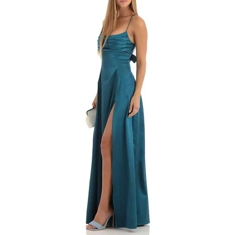 Satin Long Bridesmaid Dresses with Slit Aline Corset Long Prom Dresses