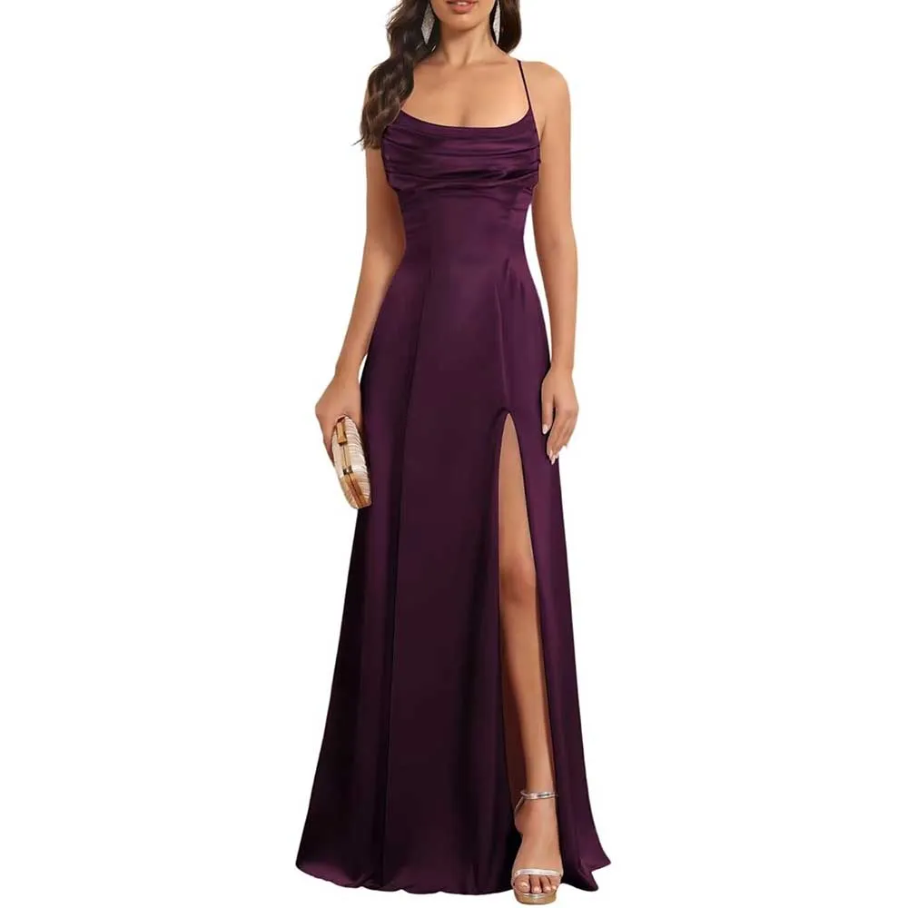 Satin Long Bridesmaid Dresses with Slit Aline Corset Long Prom Dresses