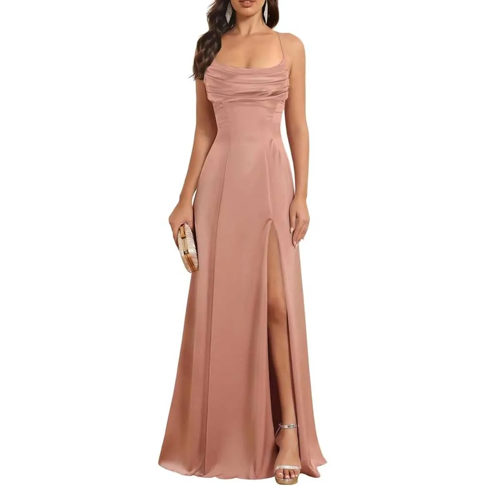 Satin Long Bridesmaid Dresses with Slit Aline Corset Long Prom Dresses