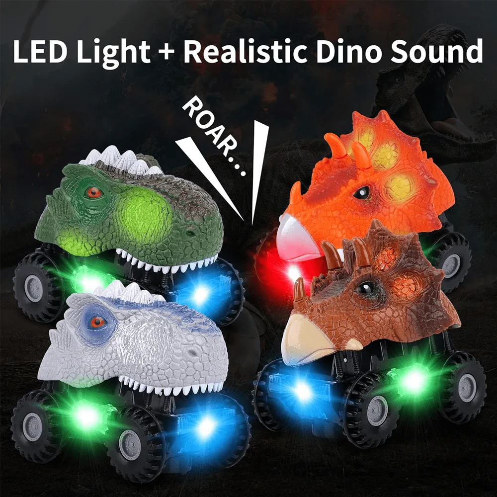 SET OF 4 ROARING DINO BUMP & GO TOY CARS