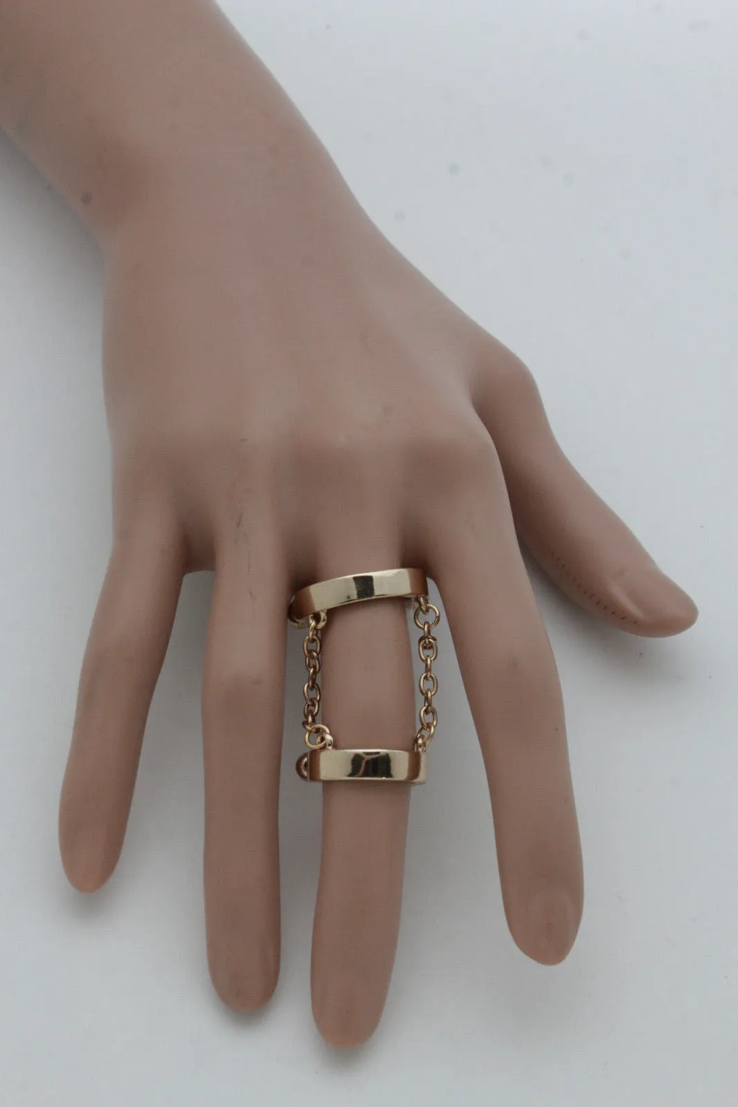 Silver Gold Band Elastic Short Chain Rhinestones Plate Double Ring Women Unique