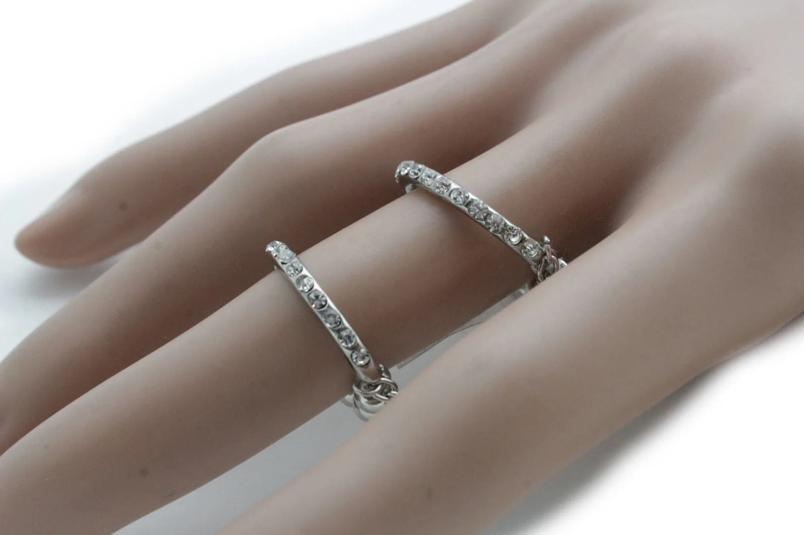 Silver Gold Band Elastic Short Chain Rhinestones Plate Double Ring Women Unique