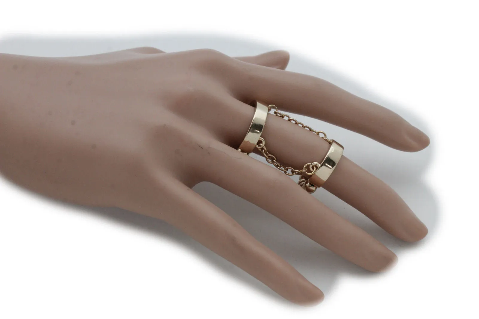 Silver Gold Band Elastic Short Chain Rhinestones Plate Double Ring Women Unique
