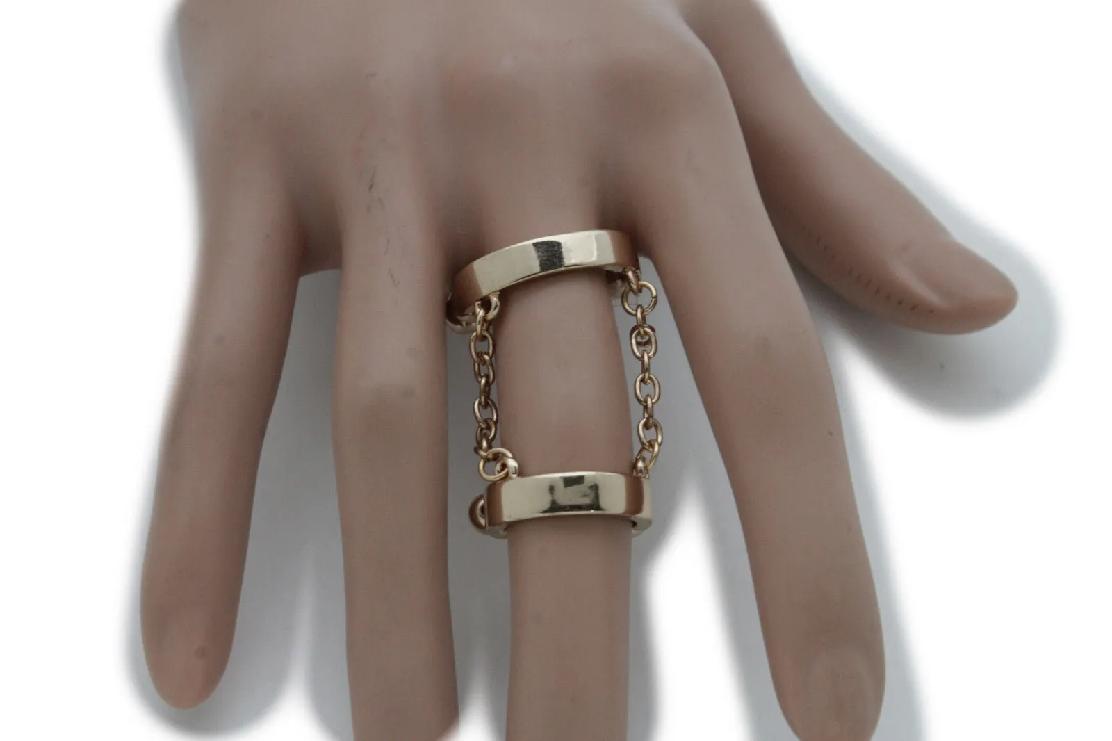Silver Gold Band Elastic Short Chain Rhinestones Plate Double Ring Women Unique