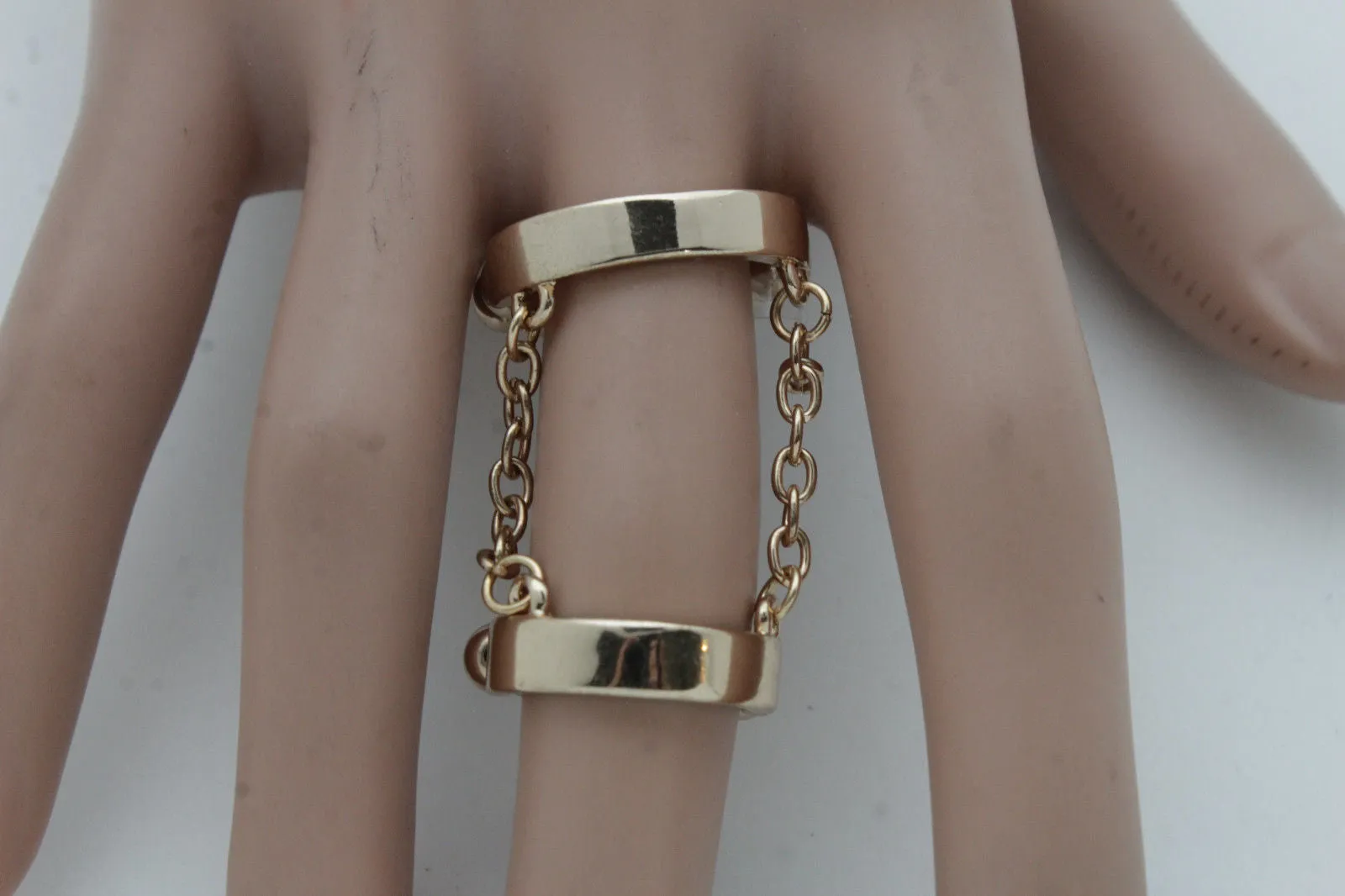 Silver Gold Band Elastic Short Chain Rhinestones Plate Double Ring Women Unique