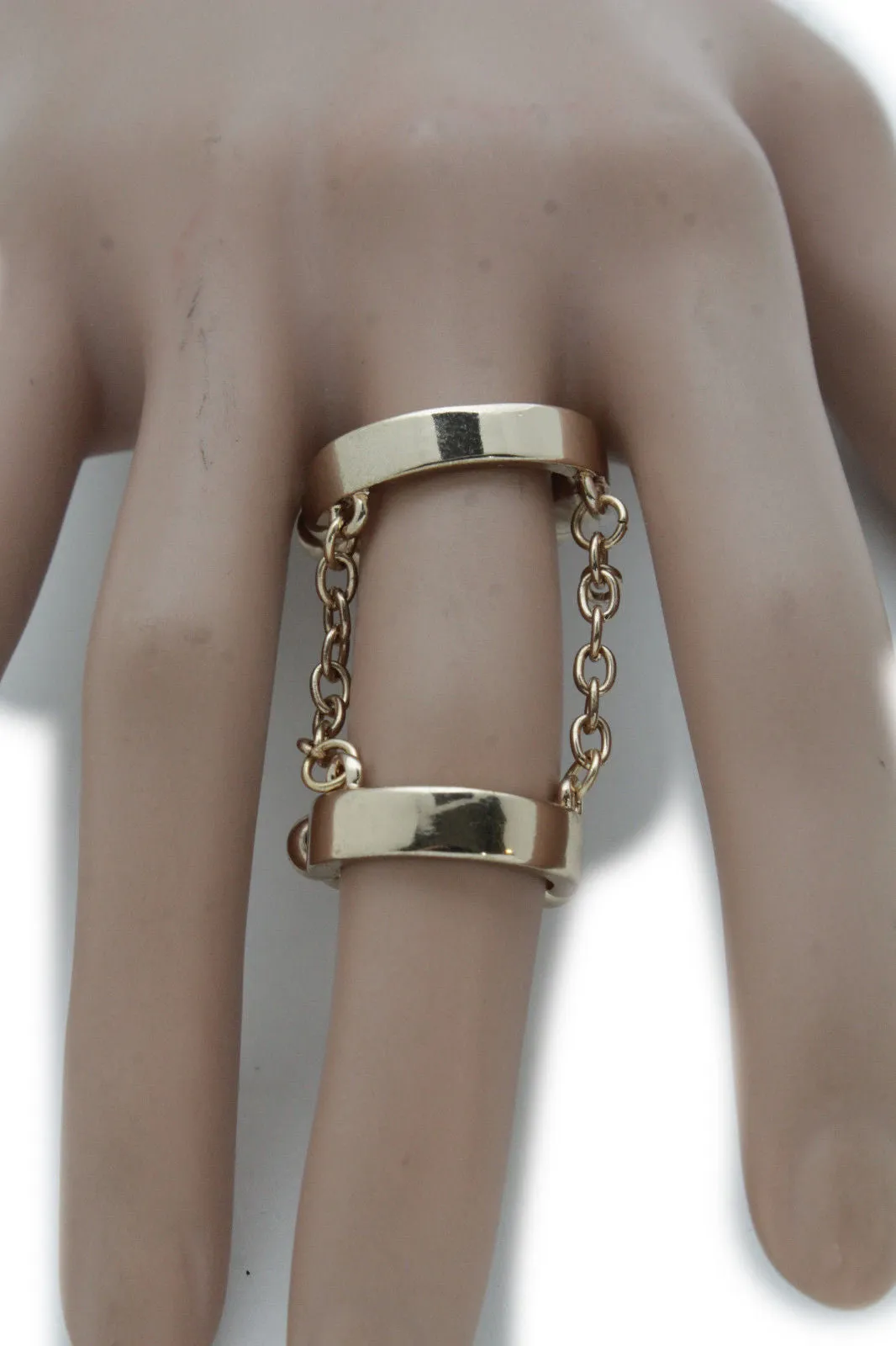 Silver Gold Band Elastic Short Chain Rhinestones Plate Double Ring Women Unique