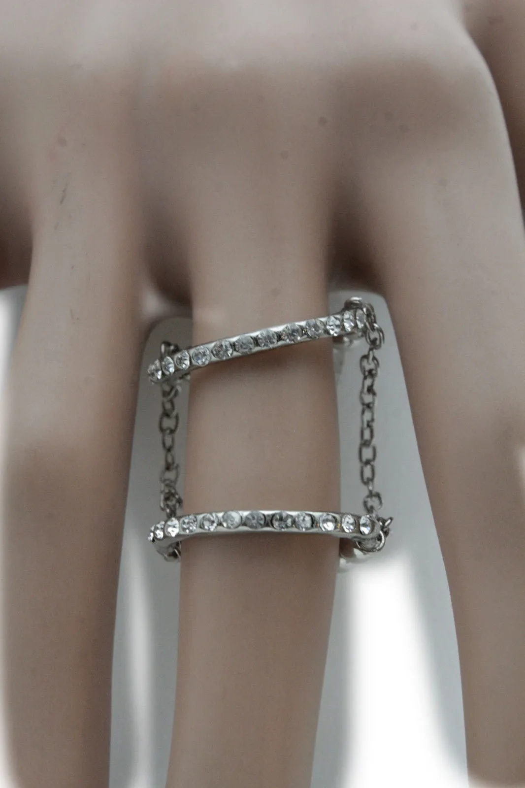 Silver Gold Band Elastic Short Chain Rhinestones Plate Double Ring Women Unique