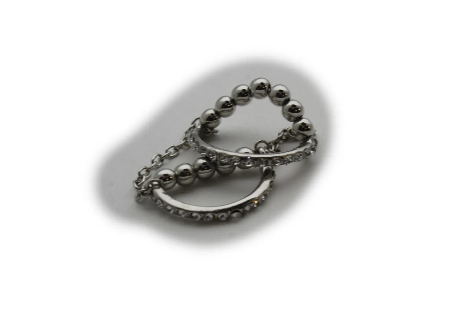 Silver Gold Band Elastic Short Chain Rhinestones Plate Double Ring Women Unique