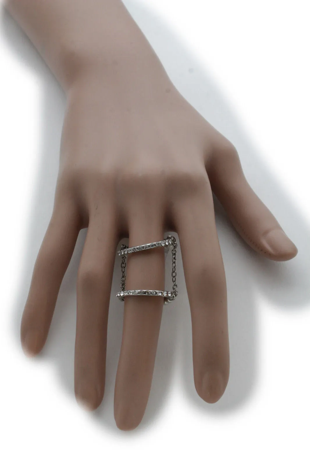 Silver Gold Band Elastic Short Chain Rhinestones Plate Double Ring Women Unique