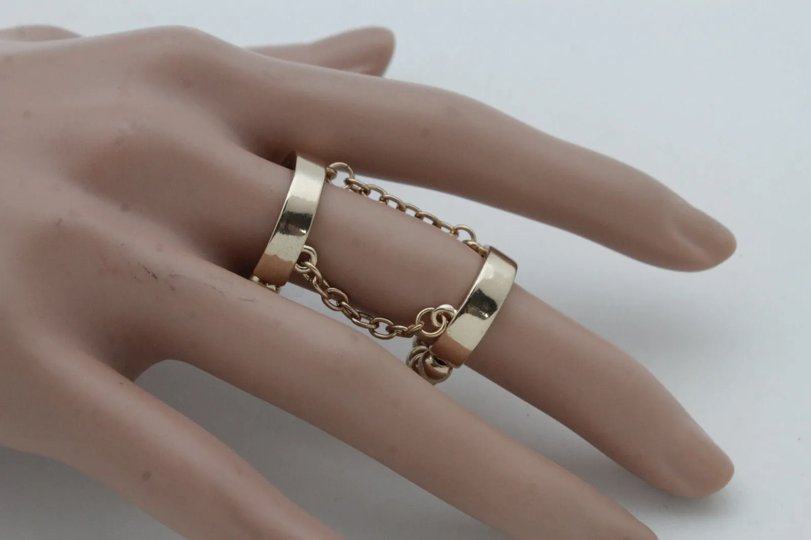 Silver Gold Band Elastic Short Chain Rhinestones Plate Double Ring Women Unique