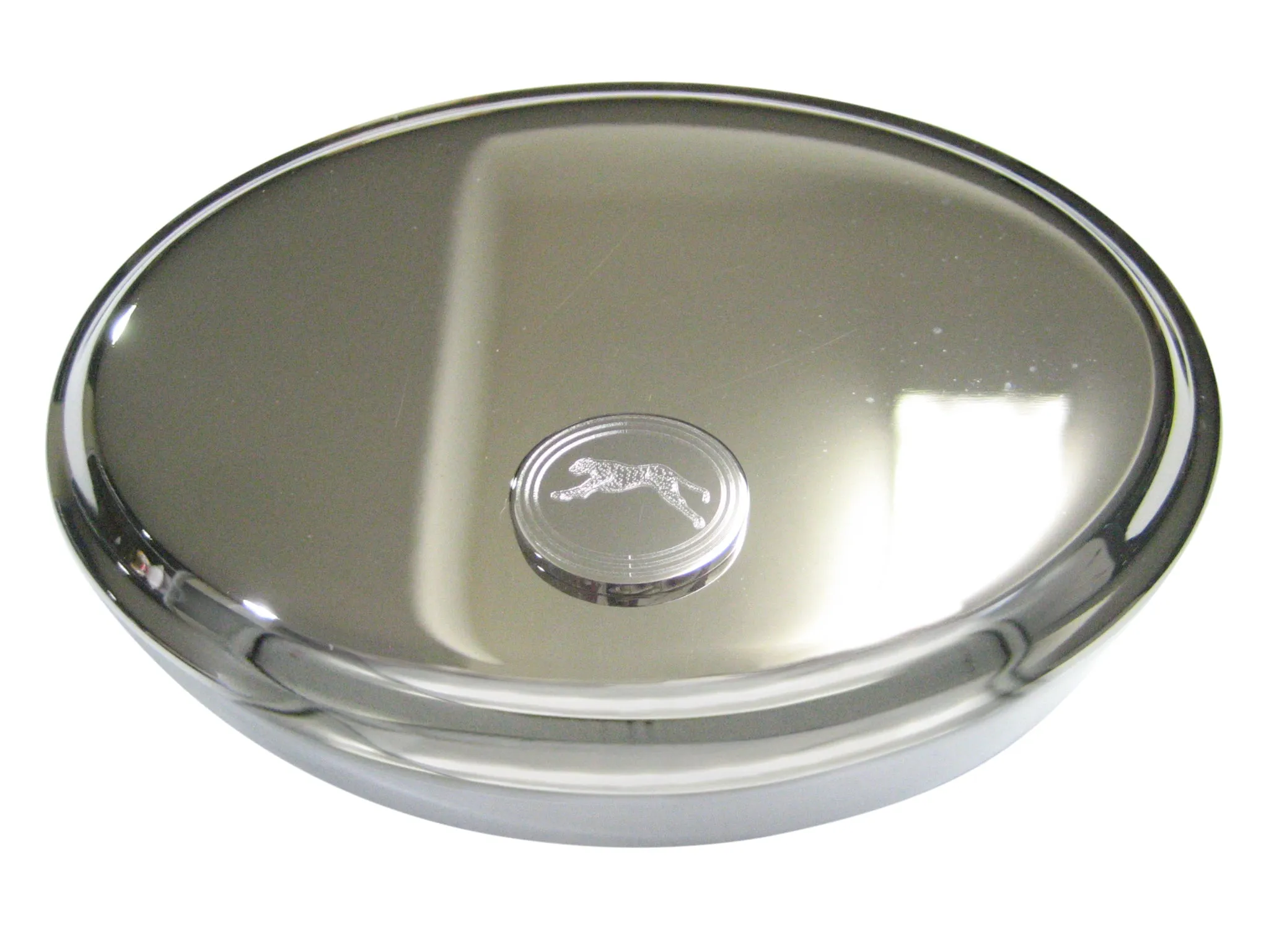 Silver Toned Etched Oval Running Cheetah Oval Trinket Jewelry Box