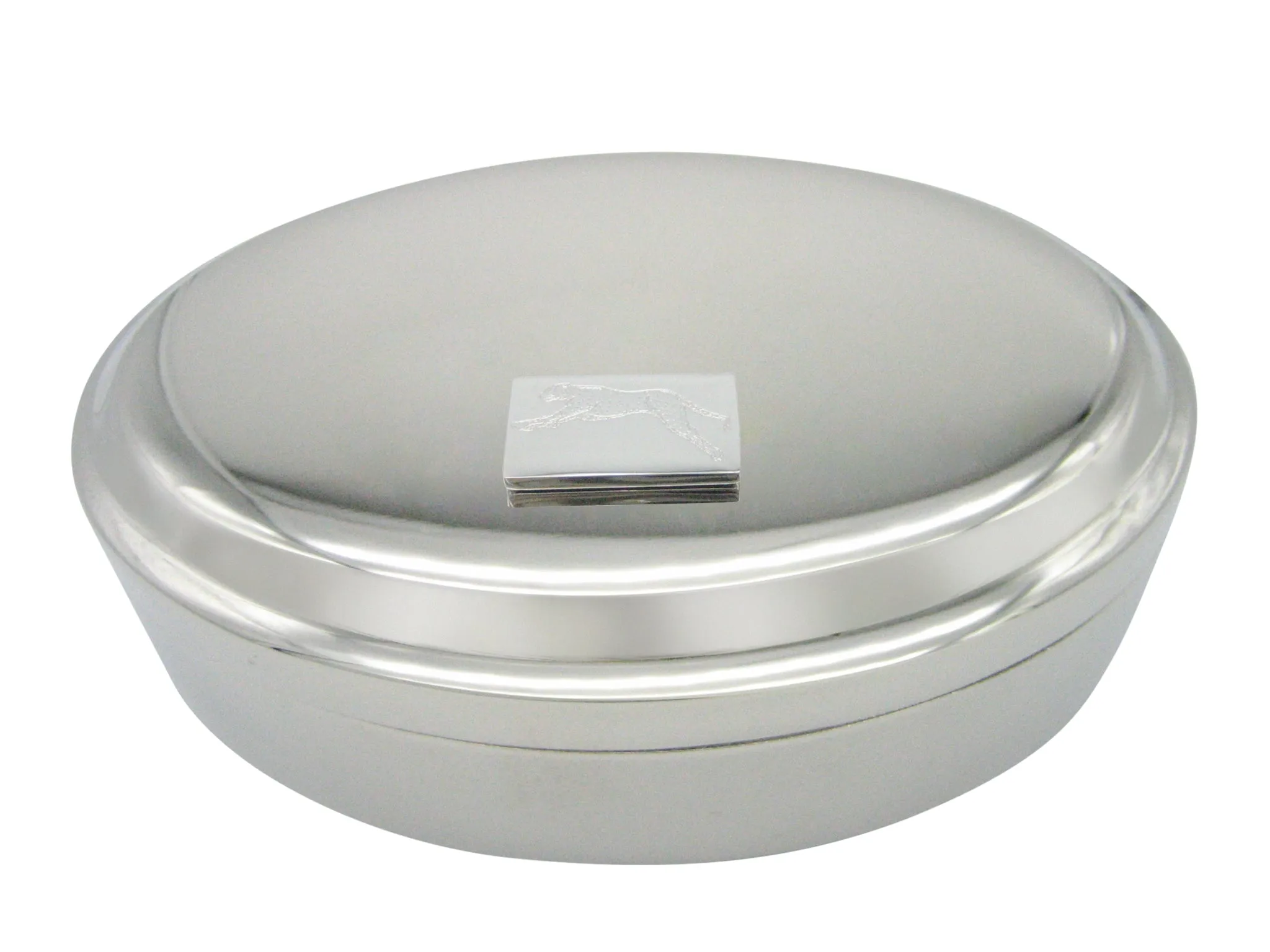 Silver Toned Etched Running Cheetah Pendant Oval Trinket Jewelry Box