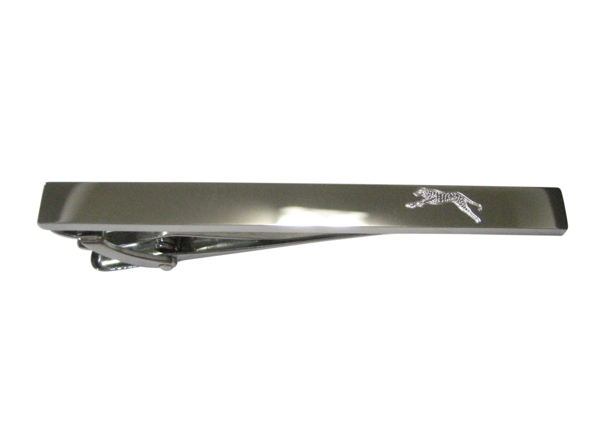 Silver Toned Etched Sleek Running Cheetah Tie Clip