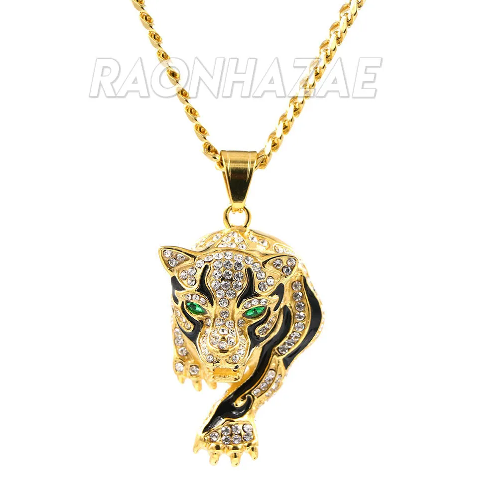 Solid Stainless Steel Hip Hop Drake Green Jaguar Pendant w/ 5mm Miami Cuban Chain