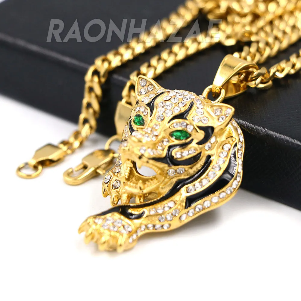 Solid Stainless Steel Hip Hop Drake Green Jaguar Pendant w/ 5mm Miami Cuban Chain