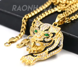 Solid Stainless Steel Hip Hop Drake Green Jaguar Pendant w/ 5mm Miami Cuban Chain