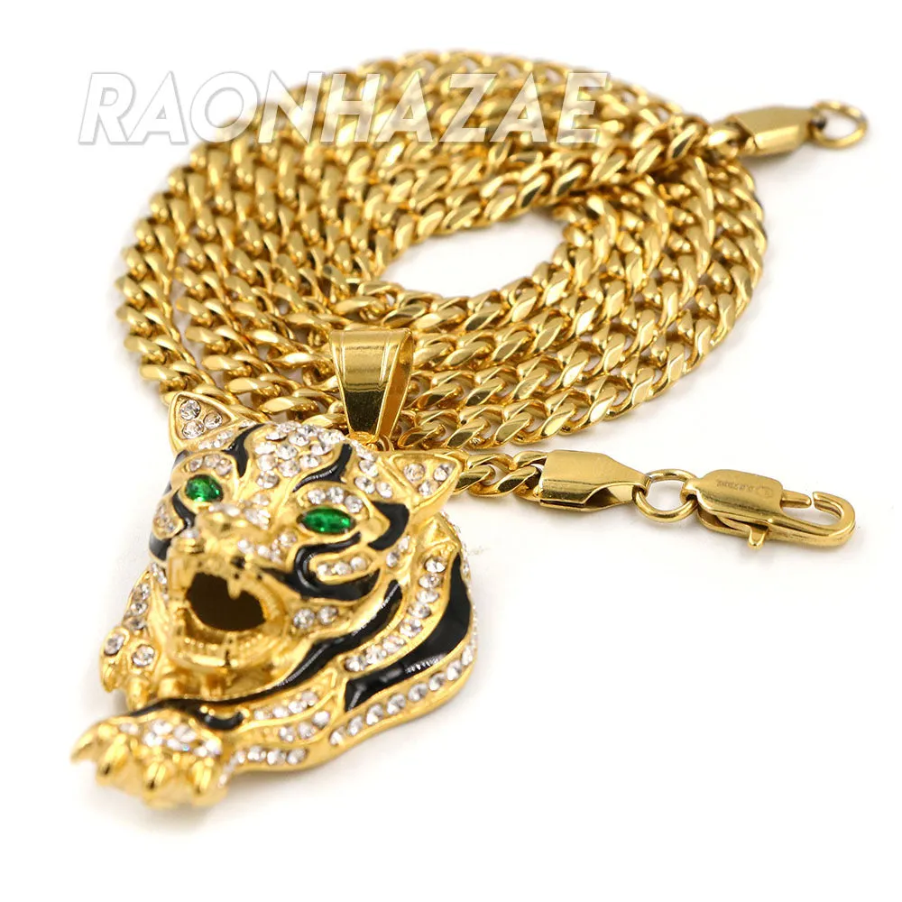 Solid Stainless Steel Hip Hop Drake Green Jaguar Pendant w/ 5mm Miami Cuban Chain
