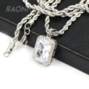 Solid Stainless Steel Hip Hop Silver Tesseract Pendant w/ 5mm Miami Cuban Chain