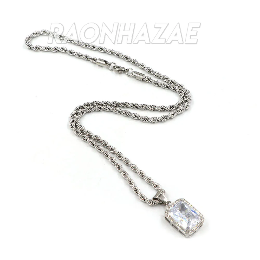 Solid Stainless Steel Hip Hop Silver Tesseract Pendant w/ 5mm Miami Cuban Chain