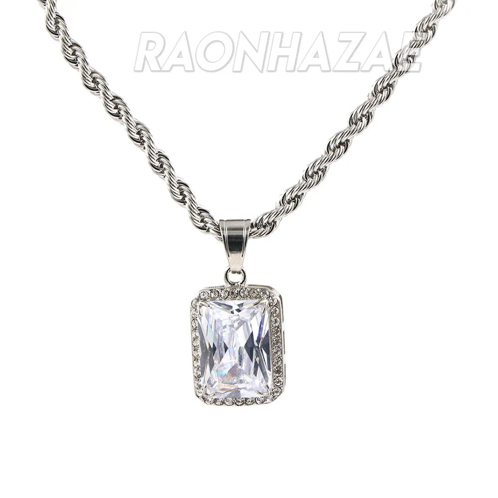 Solid Stainless Steel Hip Hop Silver Tesseract Pendant w/ 5mm Miami Cuban Chain