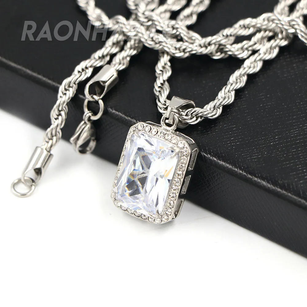 Solid Stainless Steel Hip Hop Silver Tesseract Pendant w/ 5mm Miami Cuban Chain
