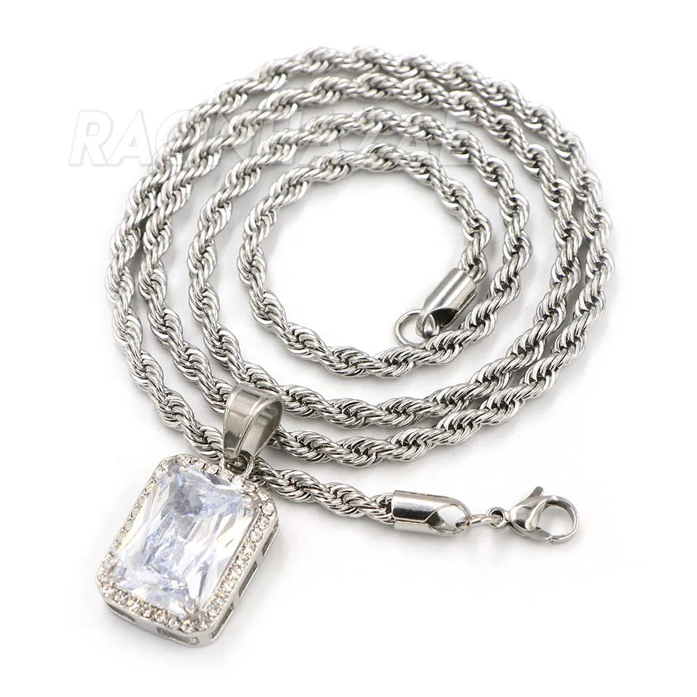Solid Stainless Steel Hip Hop Silver Tesseract Pendant w/ 5mm Miami Cuban Chain