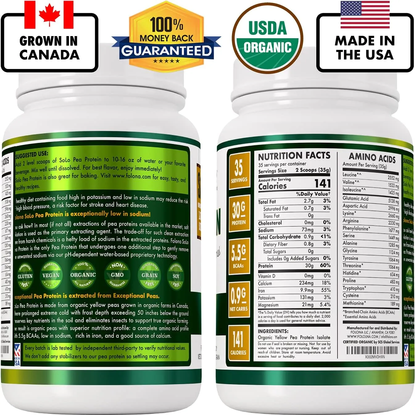 SOLO Organic Pea Protein Isolate, Low in Sodium, Canada Grown Peas, 100% Vegan, Non-GMO