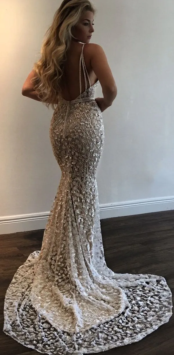 Sparkly Spaghetti Straps Deep V Neck Mermaid Shinning Fashion Prom Dresses,party queen dress, PD1003