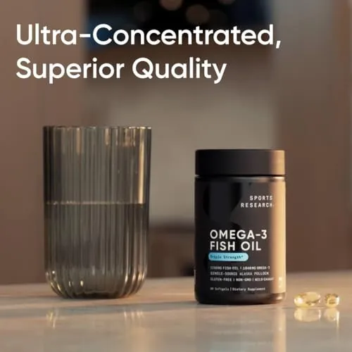 Sports Research Triple Strength Omega 3 Fish Oil - Burpless Fish Oil Supplement w/EPA & DHA Fatty Acids from Single-Source Wild Alaska Pollock - 1250 mg, 90 ct