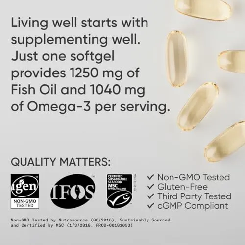 Sports Research Triple Strength Omega 3 Fish Oil - Burpless Fish Oil Supplement w/EPA & DHA Fatty Acids from Single-Source Wild Alaska Pollock - 1250 mg, 90 ct