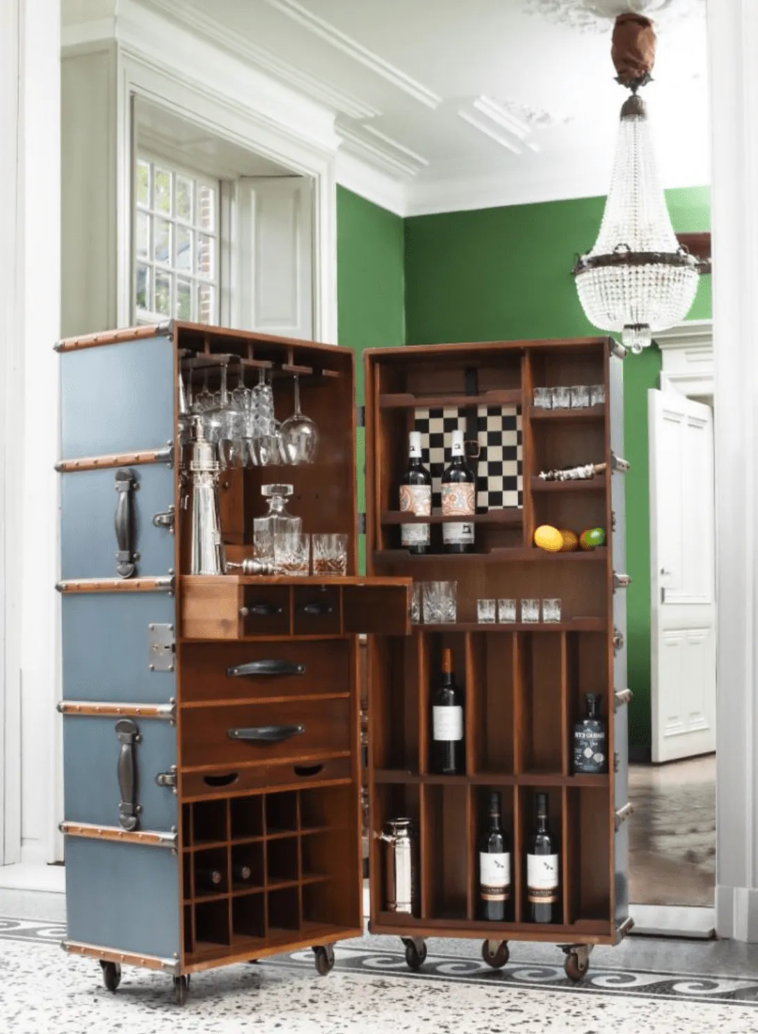 Stateroom Mobile Bar Trunk - Petrol Blue