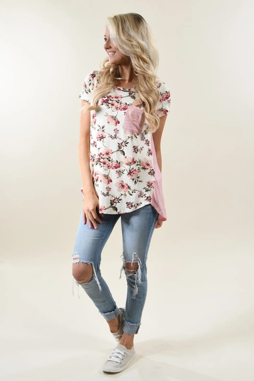Strawberry Floral & Stripes Top