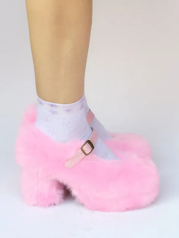 Sweet Lolita Shoes Platform Plush Strap Chunky Heels For Lolita