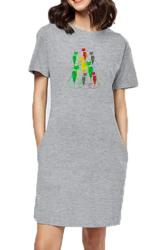 T-shirt Dress With Pockets - Sassy Kitties (2 Colours) (Slim Fit)