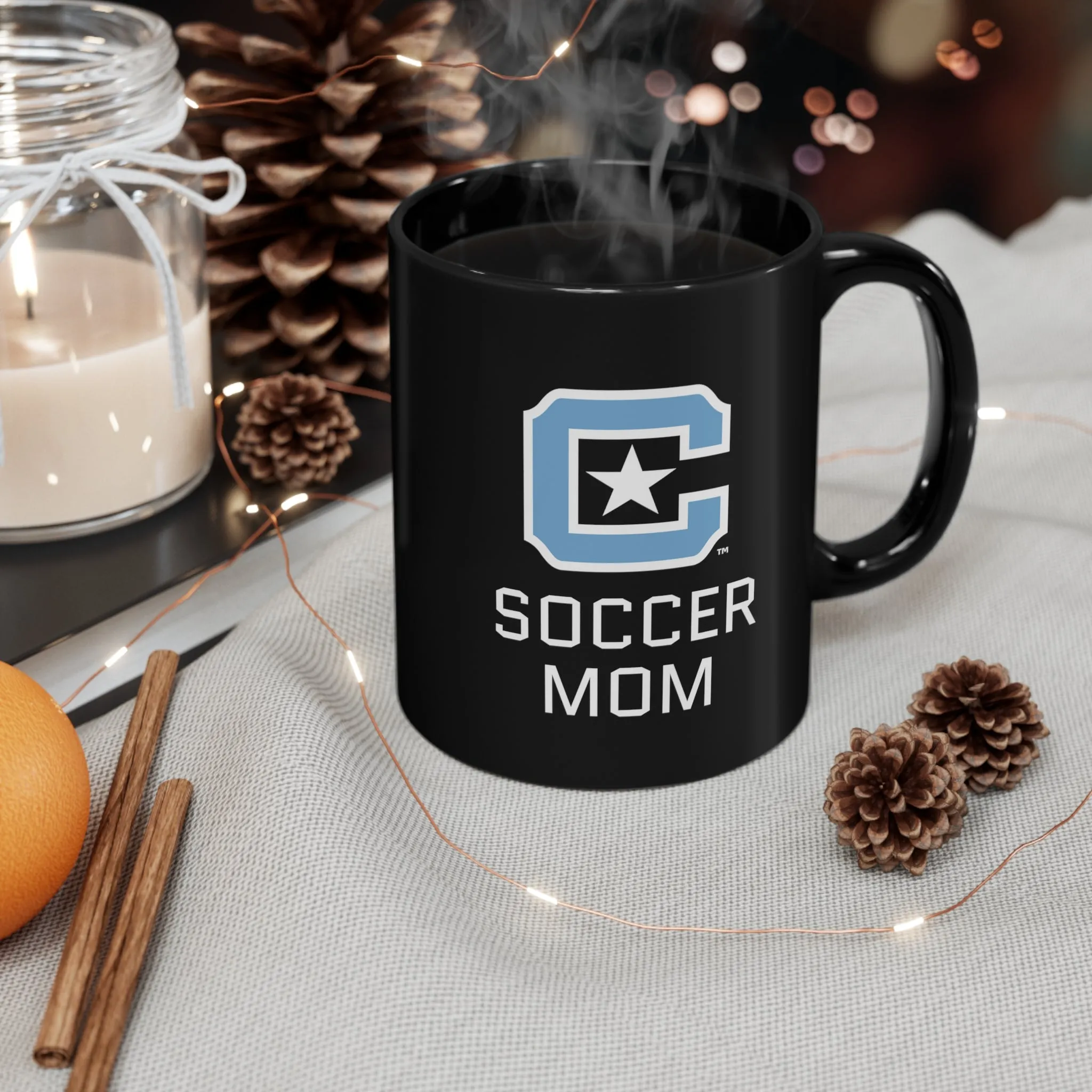 The Citadel Block C Logo, Club Sports Soccer Mom, Black Mug, 11oz