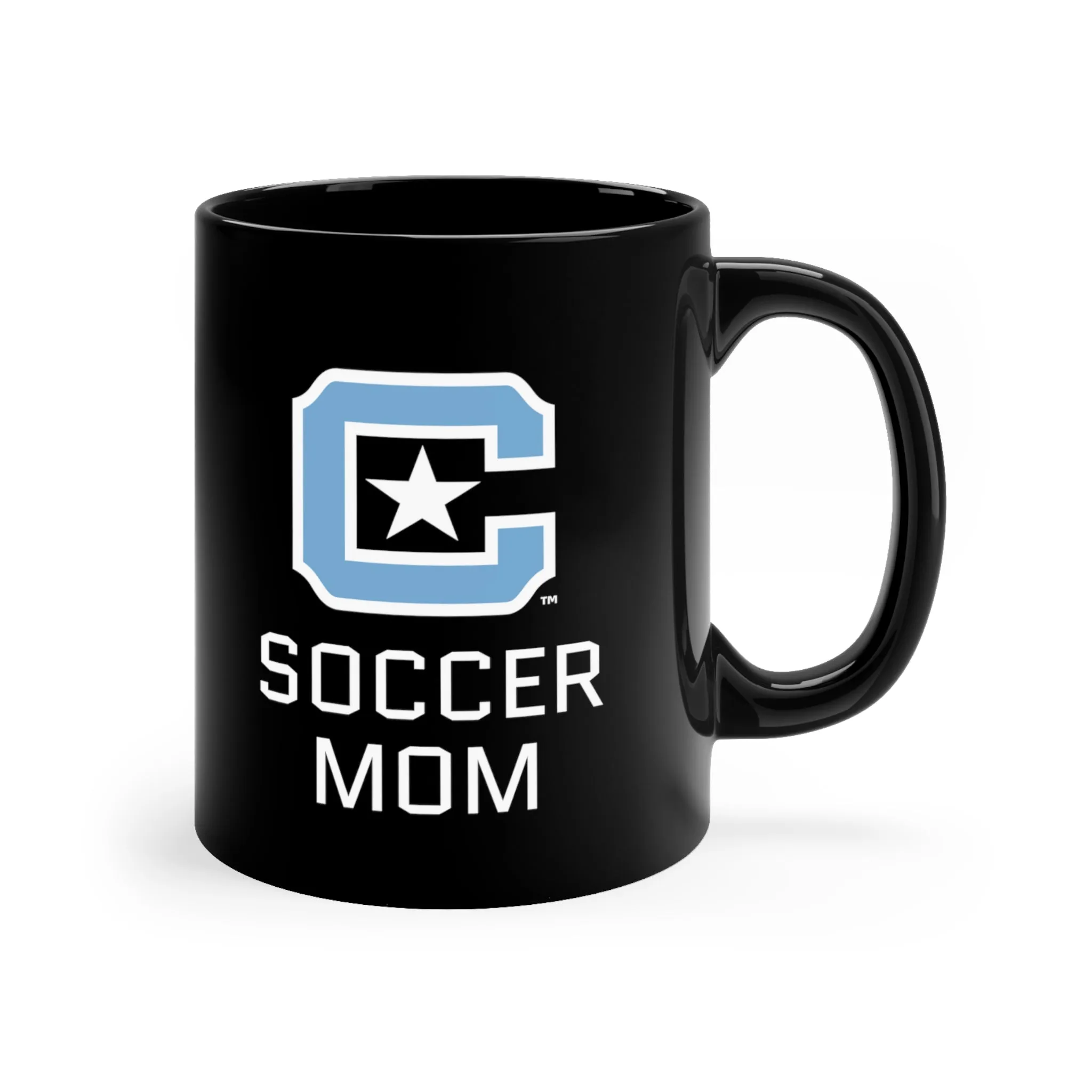 The Citadel Block C Logo, Club Sports Soccer Mom, Black Mug, 11oz