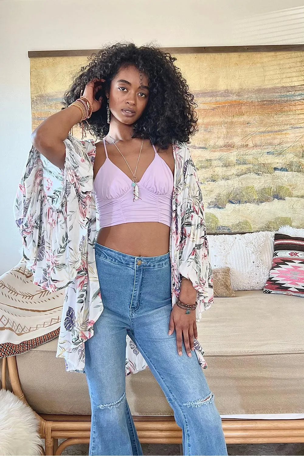 Tropical Leaves Draped Sleeve Kimono - 3 colors