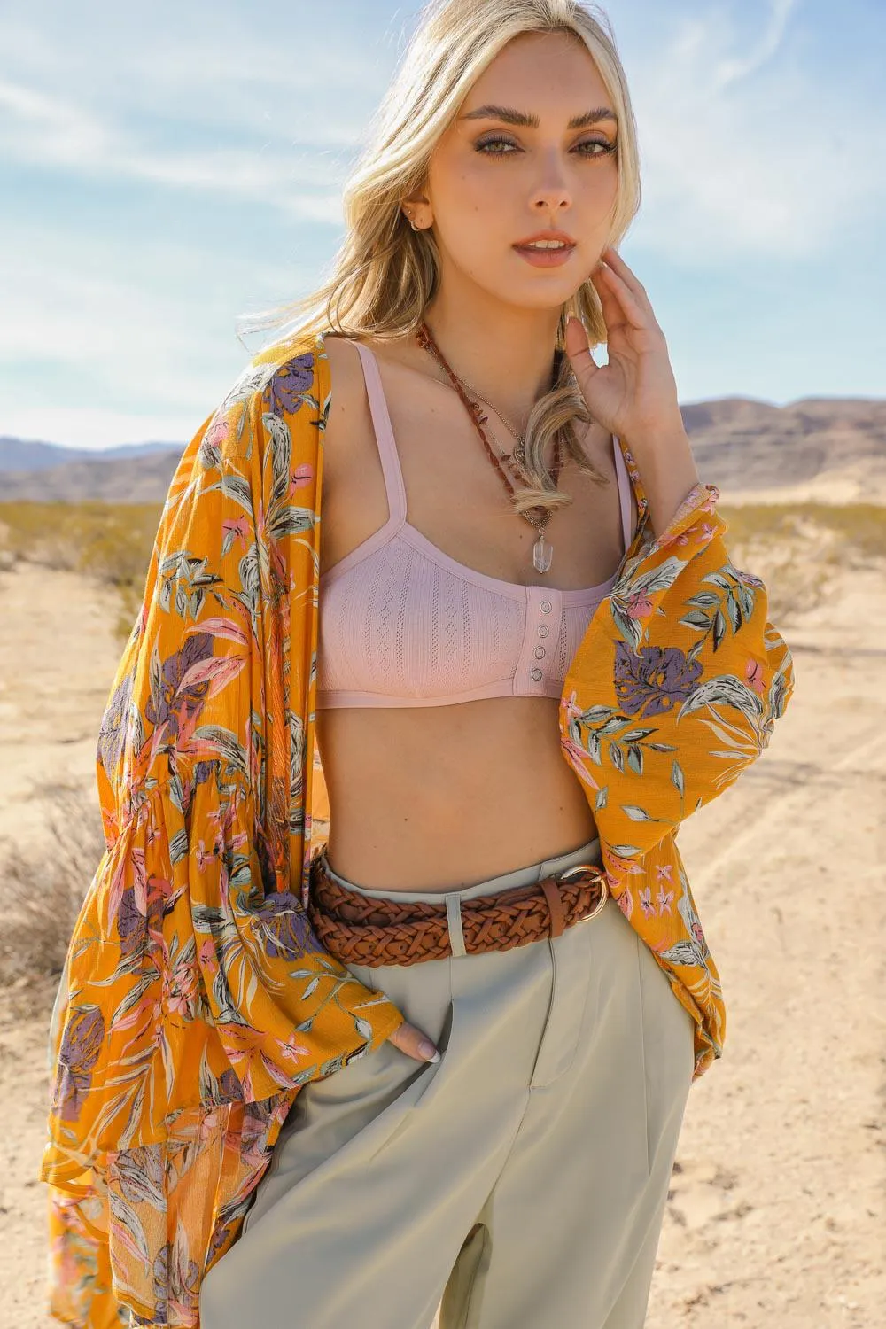 Tropical Leaves Draped Sleeve Kimono - 3 colors