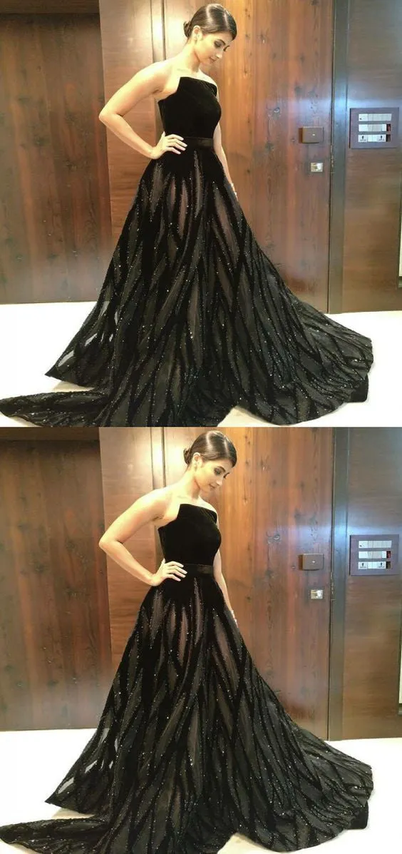 Unique A Line Black Strapless Long Prom Dress With Beading OKF50