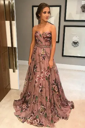 Unique A-Line Sweetheart Sweep Train Floral Printed Chiffon Prom Dress with Beading OKA32