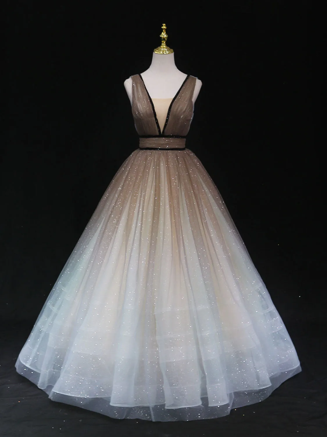Unique A line v neck tulle sequin brown long prom dress
